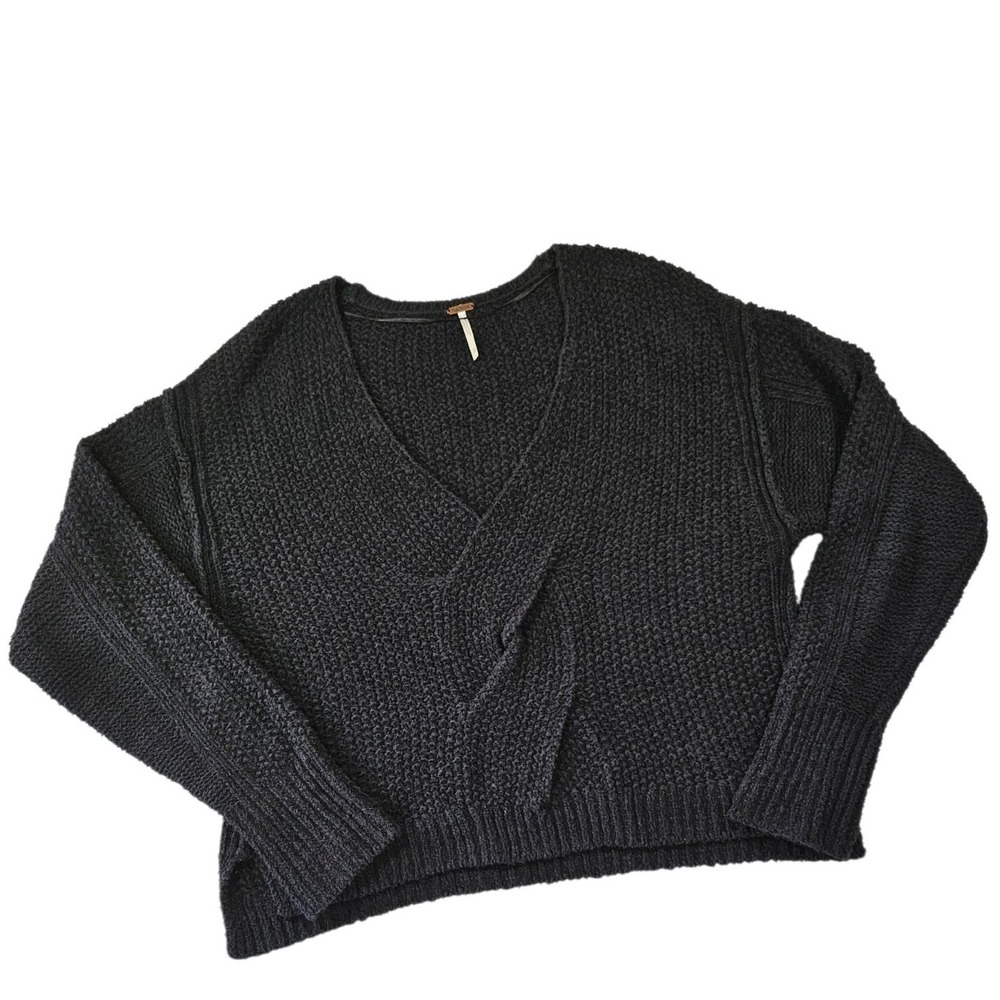 Free People Black Textured Boucle V-Neck Twisted Front 100% Cotton Sweater‎ Med